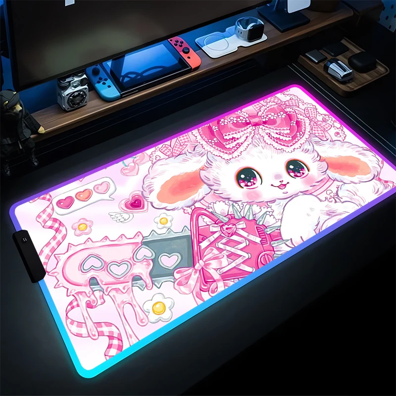 

RGB Mouse Pad Gaming Accessories Extended Desk Mat LED Computer Kawaii Cartoon Bunny Keyboard Pad Pink Bow Gamer Cute Mousepad