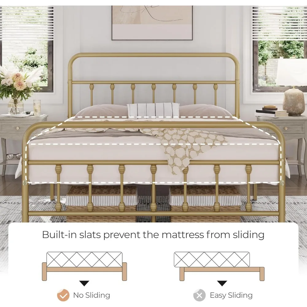 إطار سرير بمنصة معدنية على الطراز الفيكتوري مع لوح رأسي فني حديدي ولوح قدم وتخزين تحت السرير