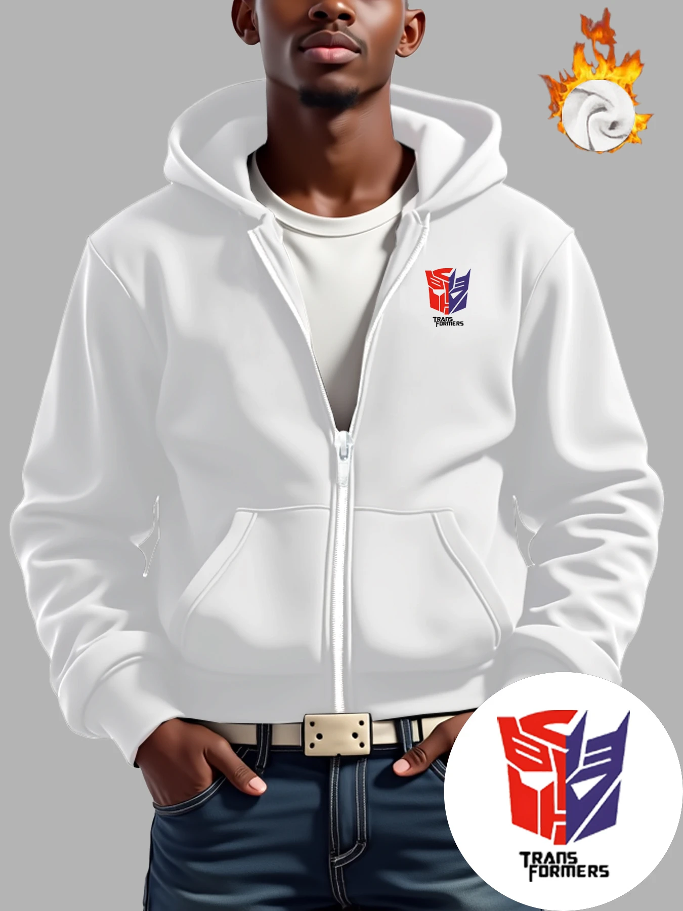 Giacca in pile da uomo |   TRANSFORMERS Cappotto con cappuccio doppio logo rosso e blu con calore e stampa vintage |   Chiusura con cerniera, regolare