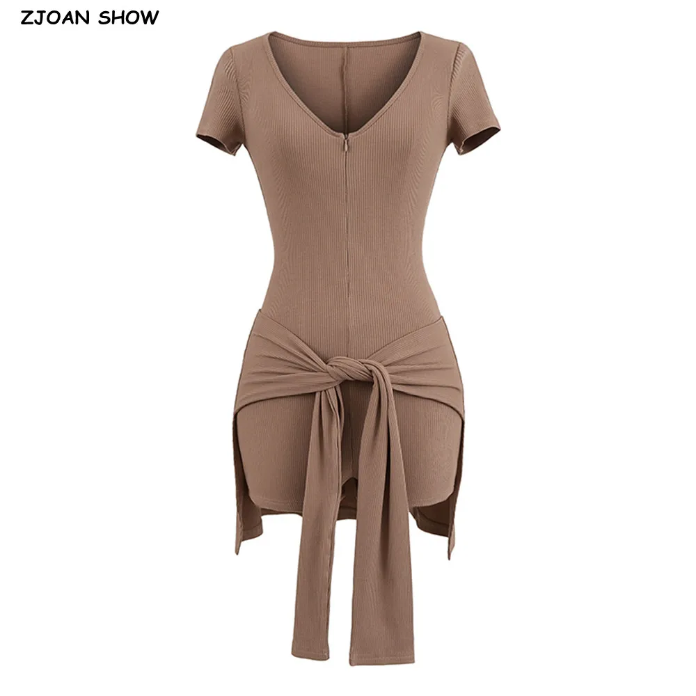 2025 American Retro Zipper V neck Rib Knitted Short Sleeve Bodysuits With Bow Hem Woman Tight Jumpsuit Slim Rompers Bodysuits