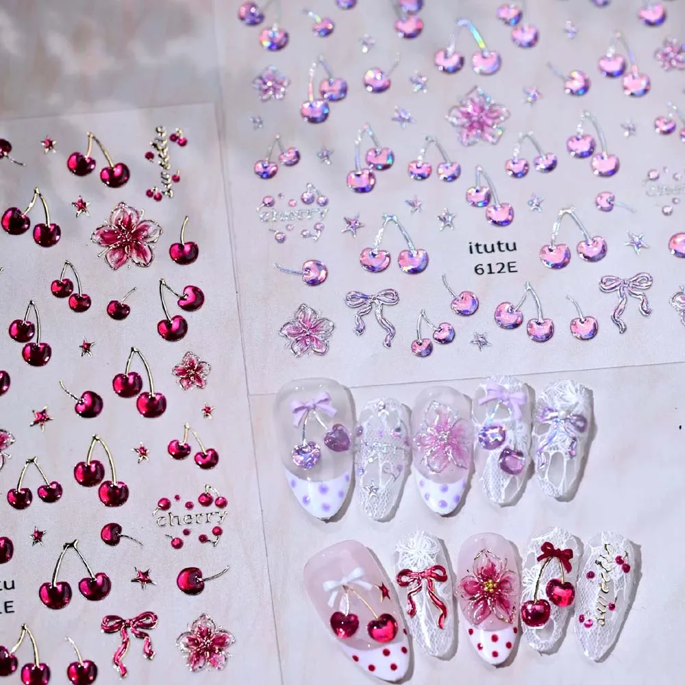 5D Cute Cherry Blossom Nail Art Stickers Holographic Flower Star Embossed Self-Adhesive Kawaii Nail Decals for Decor