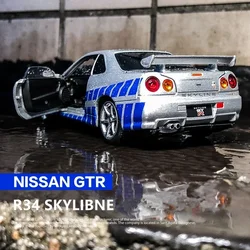 1:24 NISSAN Skyline Ares GTR GT-R R34 Alloy Sports Car Model Diecasts & Toy Racing Vehicles Car Model Sound and Light Kids Gifts