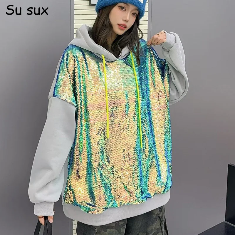 스팽글 패치워크 오버사이즈 후드티 여성 Y2K 의류 2025 겨울 플리스 캐주얼 루즈 풀오버 아우터웨어 가슴둘레140cm