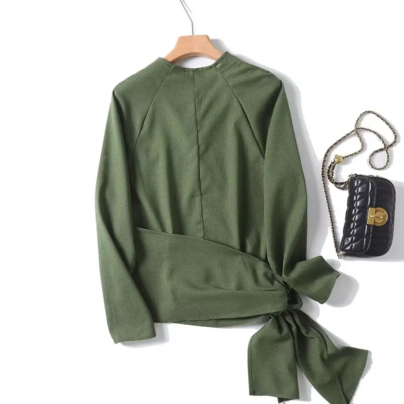 Dave&Di French Fashion Women's Green Cotton and Linen Long Sleeve Shirt Autumn Blouse Women Minimalist Lazy Wrap Shirt