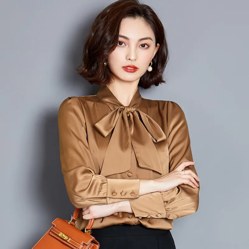 Real Silk Fashion Bow Tie Blouses Women Spring Autumn Long Sleeve Satin Shirt Korean Chic Solid Tops Office Lady Work Wear XXXL