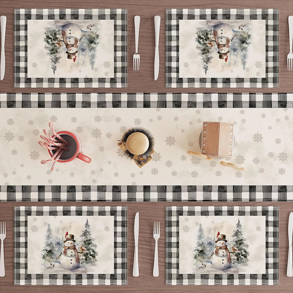 

4 шт., рождественские клетчатые настольные коврики и дорожки на тему снеговика для праздничной столовой, льняная подставка для столовых приборов, новогоднее украшение для дома и вечеринки