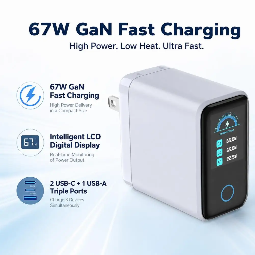 67W Intelligent Digital Display LCD Screen Charger Digital Display Screen PD Adapter Digital Display PD Charging Head
