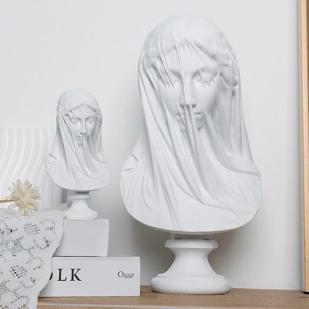 Creative Resin Handicraft Figure Sculpture Veil Girl Caped Lady Abstract Bust Plaster Statue Decorative Figurines Home Decoratio