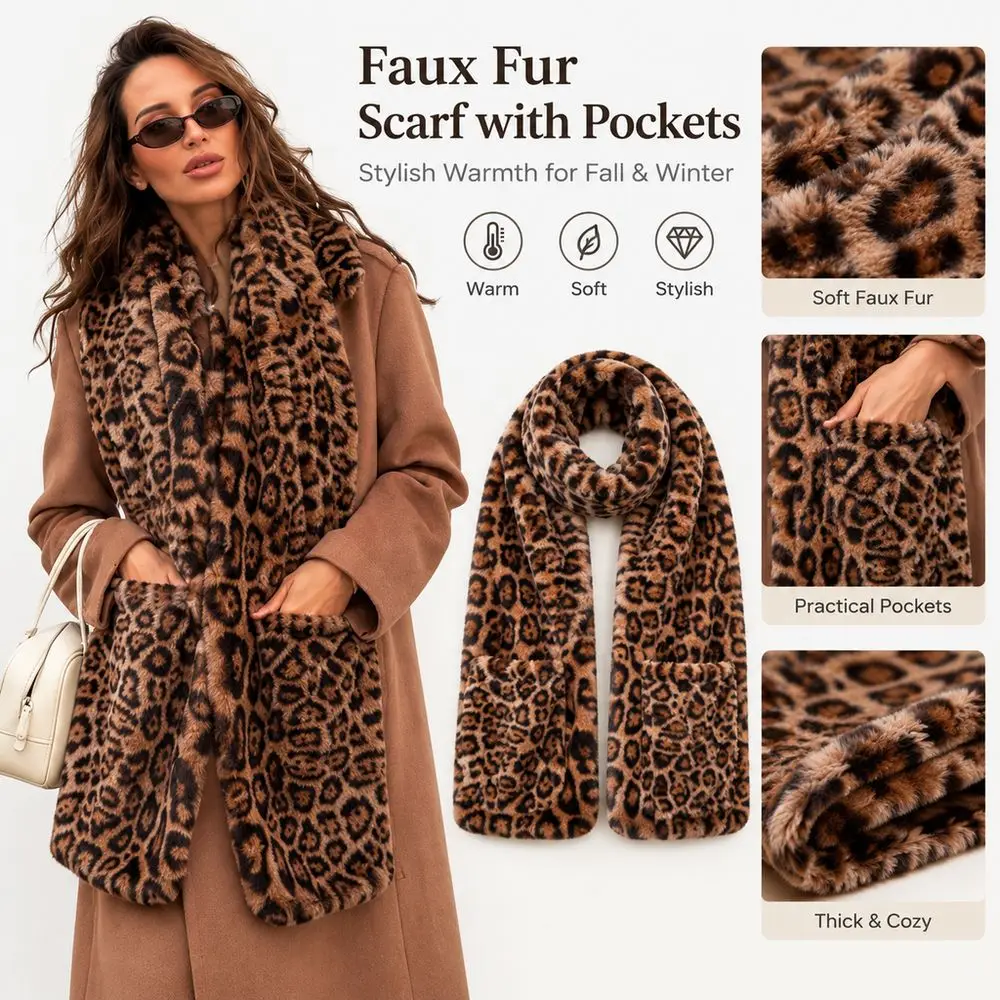 High Quality Extra Long Faux Fur Scarf Leopard Print Winter Neck Warmer Soft Practical Pockets Leopard Print Scarf