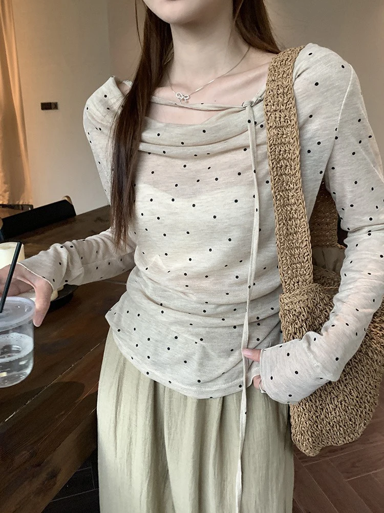 Polka Dot Lace-up Long Sleeve T-Shirt Summer Thin One-Shoulder Women's T-shirt 2025 Slim Women Tops Korean Style Women Clothing