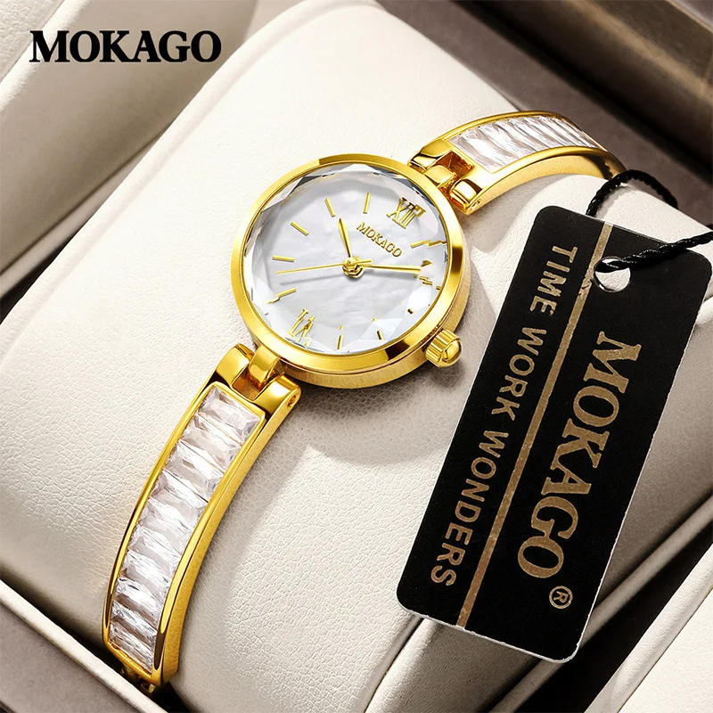 MOKAGO M8150 ساعة نسائية الأم شل الهاتفي + النحاس سلسلة حزام ثلاثي الأبعاد رسالة الأظافر 3ATM مقاوم للماء حركة الكوارتز