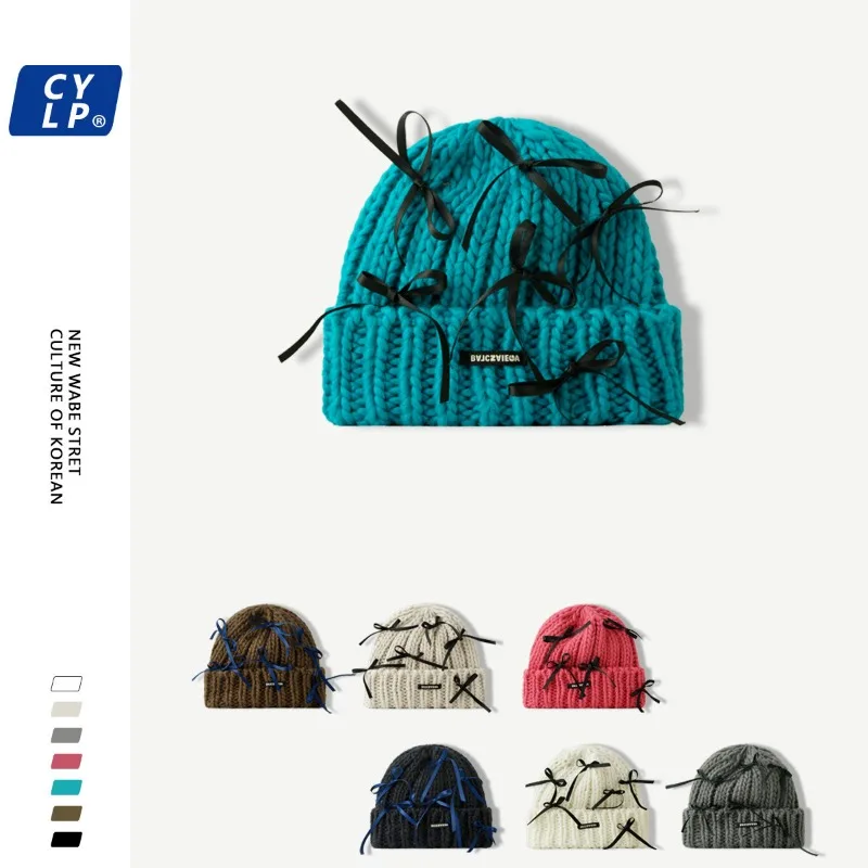 

Korean Original Alphabet Cloth Label Cute Handmade Bow Knitted Hat Autumn and Winter Warm Big Head Skull Beanie Hats for Women