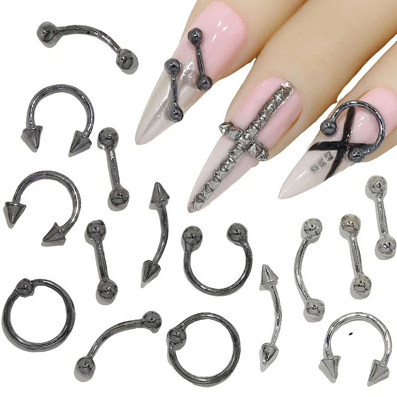 20 pçs punk metal arco barra circular rebite caviar seta cabeça branco k arma liga preta arte do prego strass decorações manicure encantos