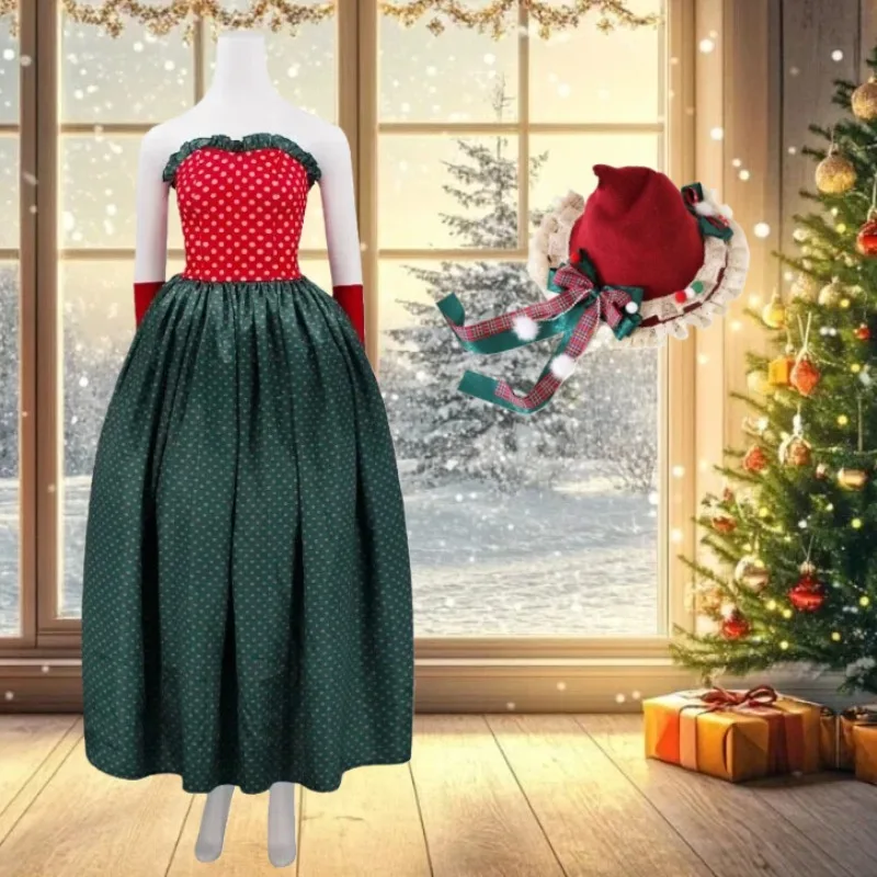 

Christmas Cosplay Red Green Dress Evening Gown Cute Knit Hat Full Set for Women Medieval Clothes Costume Xmas Theme Party