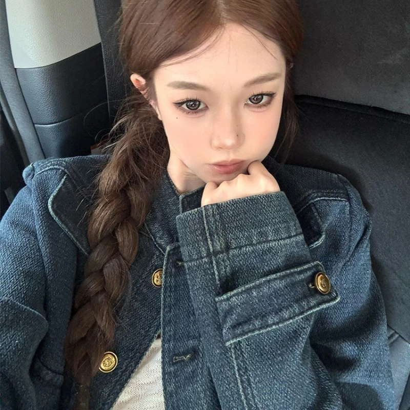 2026 New Autumn Women Denim Jacket Stand Up Collar Shoulder Short Style Old Money Fashion Top
