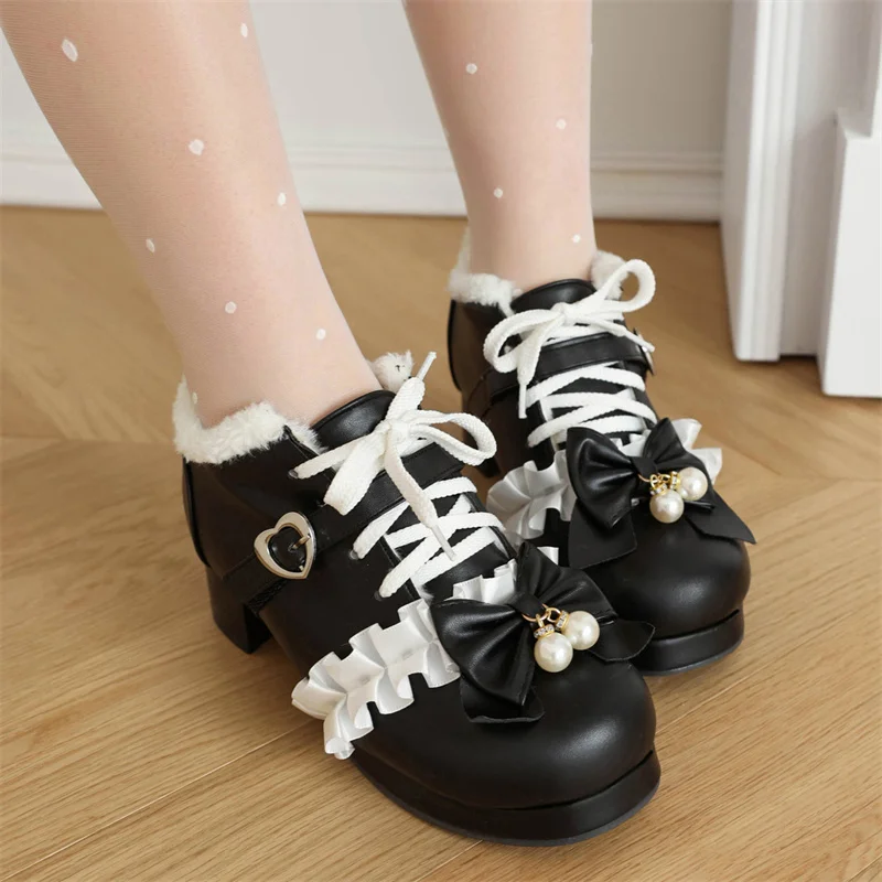 2023 Winter Lolita Lace Pearls Pendant Bowtie Shorty Boots Princess Block High Heels Cross-tied Party Shoes for Women Plus Size