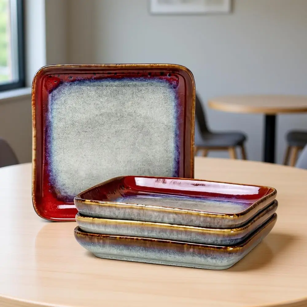 

6.3 Inch Small Square Plates – Appetizer & Snack Plates, Microwave & Dishwasher Safe, Set of 4, Reactive Glaze Red