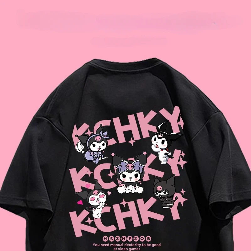 Camiseta de manga corta con estampado Digital 3D para mujer, camisa de Anime de dibujos animados Kuromi, 2024 algodón, tendencia callejera, novedad de verano, 100%