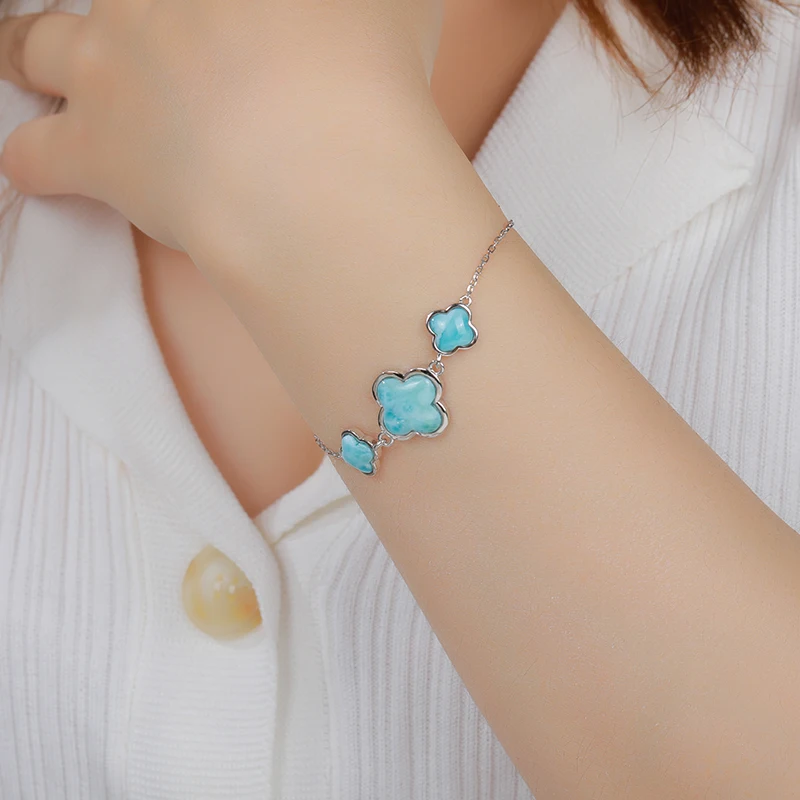 XYOP 925 Silver Gift Natural Blue Larimar Minimalist Everyday Niche Four-Leaf Clover Bracelet, Taste Worthy Of Easy Strength To