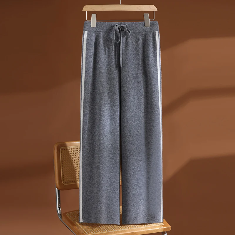 New Fashion Women 100% Merino Wool Pants Casual Autumn Winter Thick Warm Knitted Straight Trousers Side Stripe Wide Leg Pants