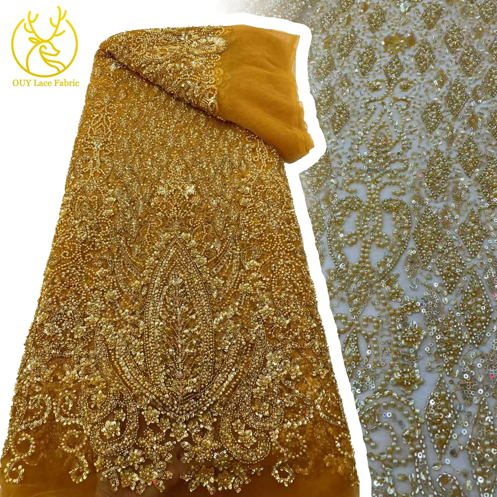 

Luxurious Gold African Nigeria Groom Sequin Bead Lace Fabric 2025 French Chiffon Lace Fabric Suitable For Bridal Dress Parties