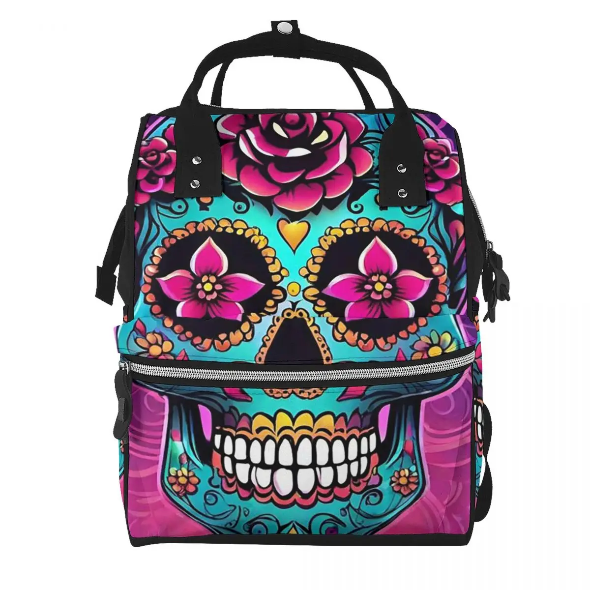 Mexican Sugar Skulls And Flowers Student Backpack School Bag Hiking Travel Daypack for Men Women Bookbag Shoulder Bags