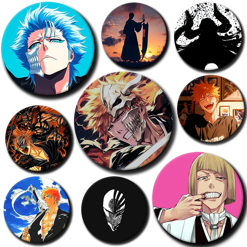 Bleach Tinplate Pin Kurosaki Ichigo Inoue Orihime Abarai Renji Grimmjow Jaegerjaques Round Cartoon Brooch Anime Collection Badge