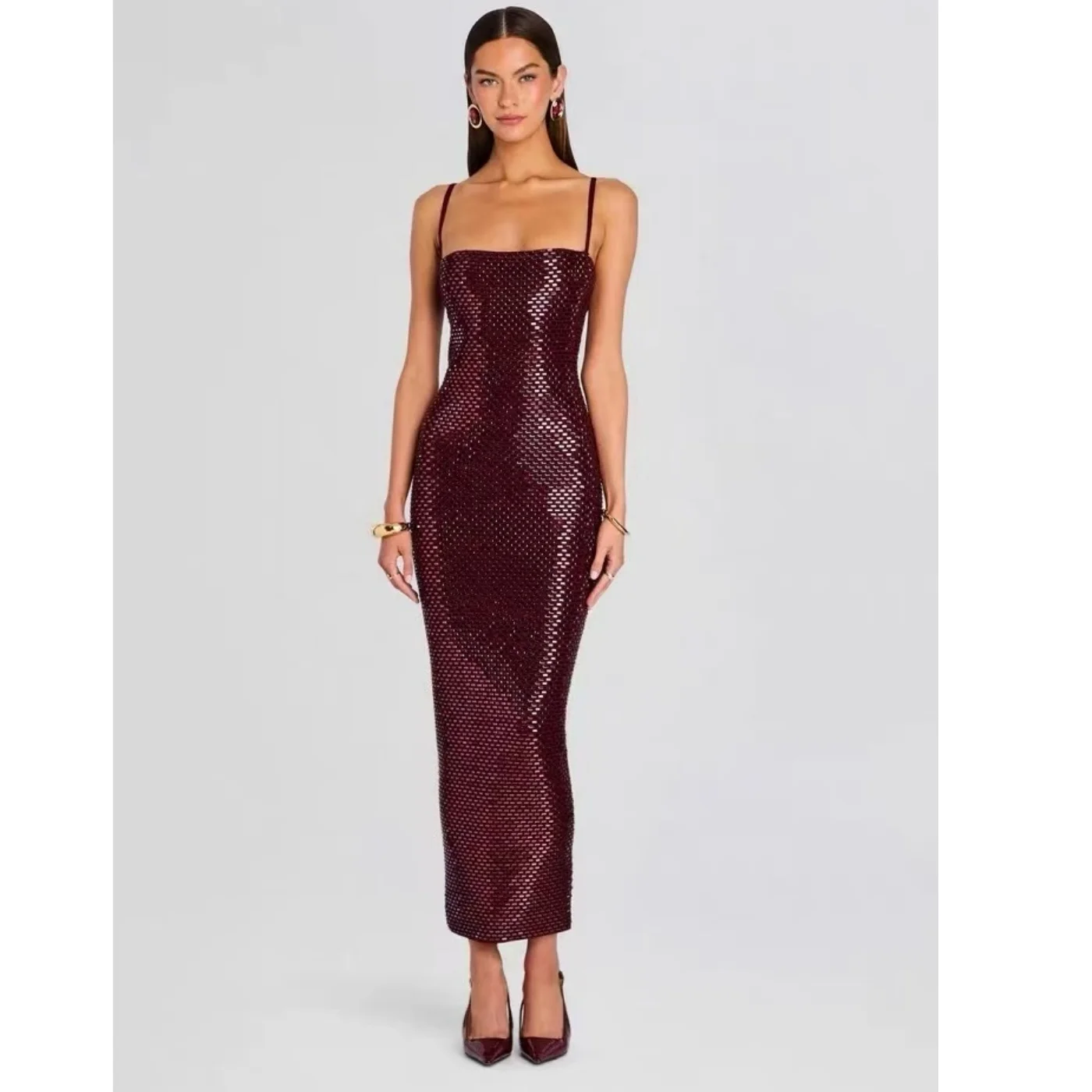 

Elegant Red Off-Shoulder Sequin Decorated Long Casual Dress for Party And Wedding Knitted Fabric Resin Sequins Elastic Waist