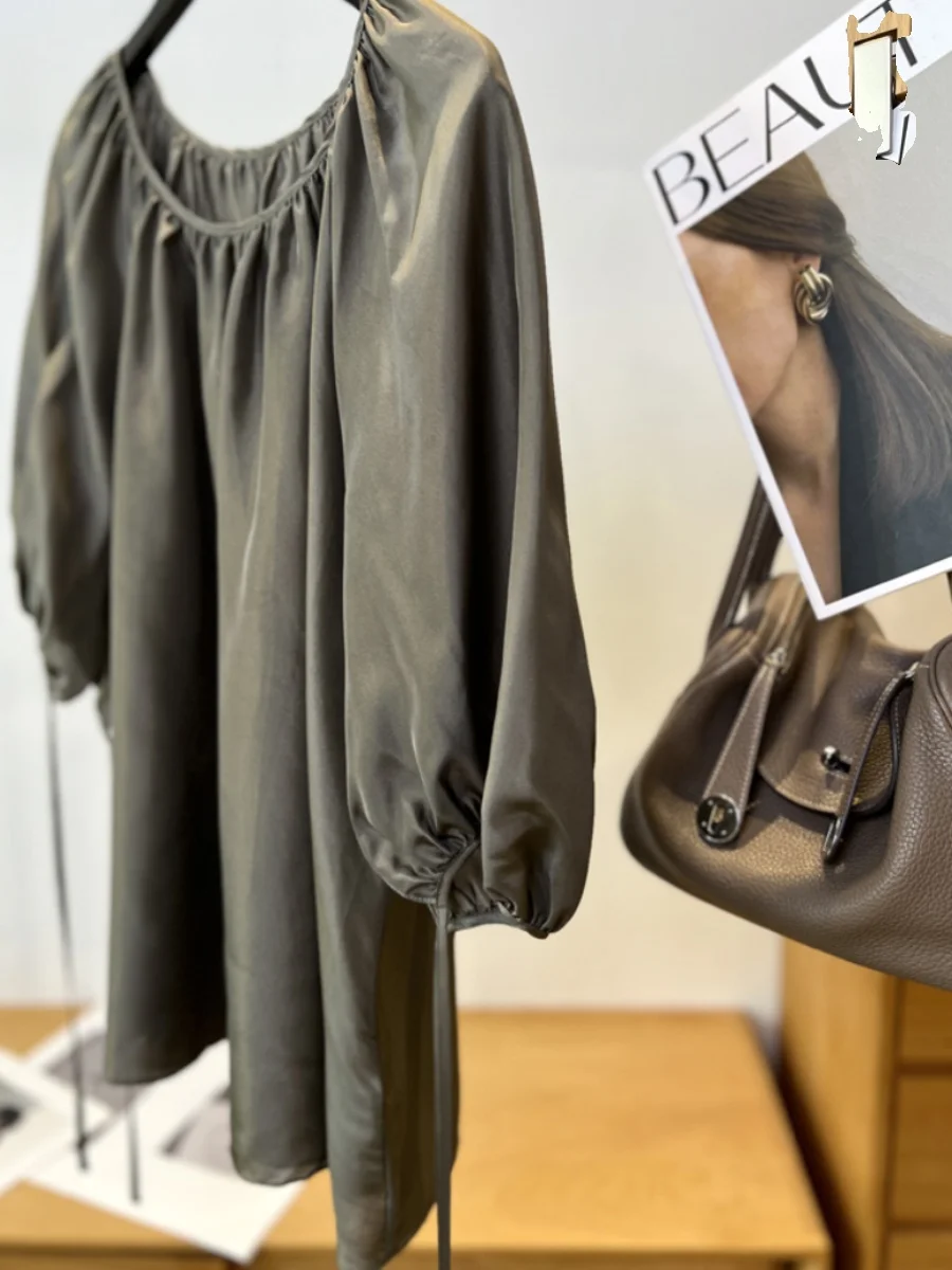 

Шелковый свободный летний топ с круглым вырезом и рукавами-фонариками, женский, в стиле лоу-эйр, ретро, с завязками на талии