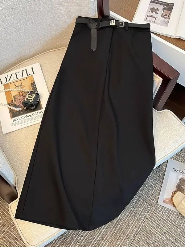 

Прямая юбка-миди трапециевидной формы с высокой талией и драпировкой для женщин, весенне-осенние утягивающие юбки с открытой стороной, корейские юбки для поездок на работу