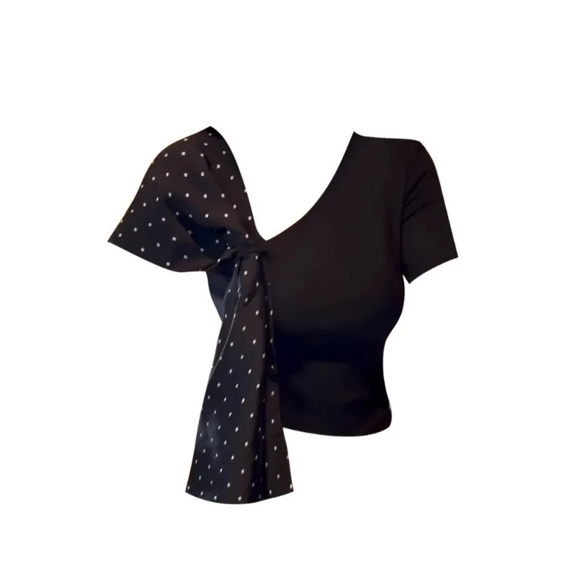 

Spice Girl Storm Point Ribbon Slant Neck Short Sleeve T-Shirt Women's Summer Fashion Slim Skinny Versatile Short Top Exquisite