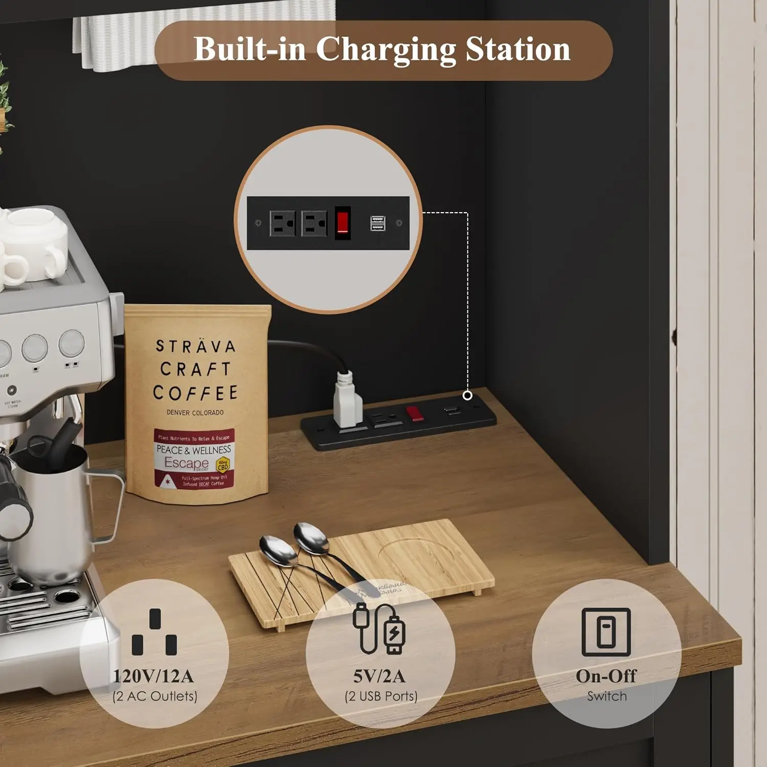 高さ75.4フィートのキッチンパントリーキャビネット、充電ステーション付き、ホワイトハッチ、電子レンジスタンドとワインラック付き