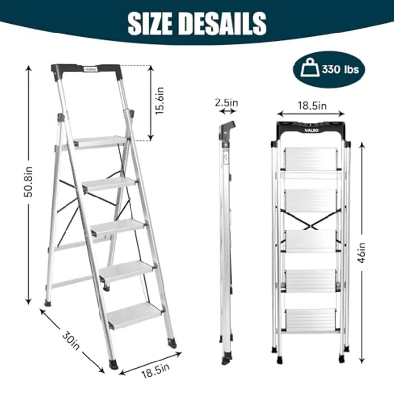 5 Step Aluminum Ladder with Retractable Handgrip Anti-Slip Pedal 330 lbs Folding Step Stool for Kitchen Garage Home Space Saving