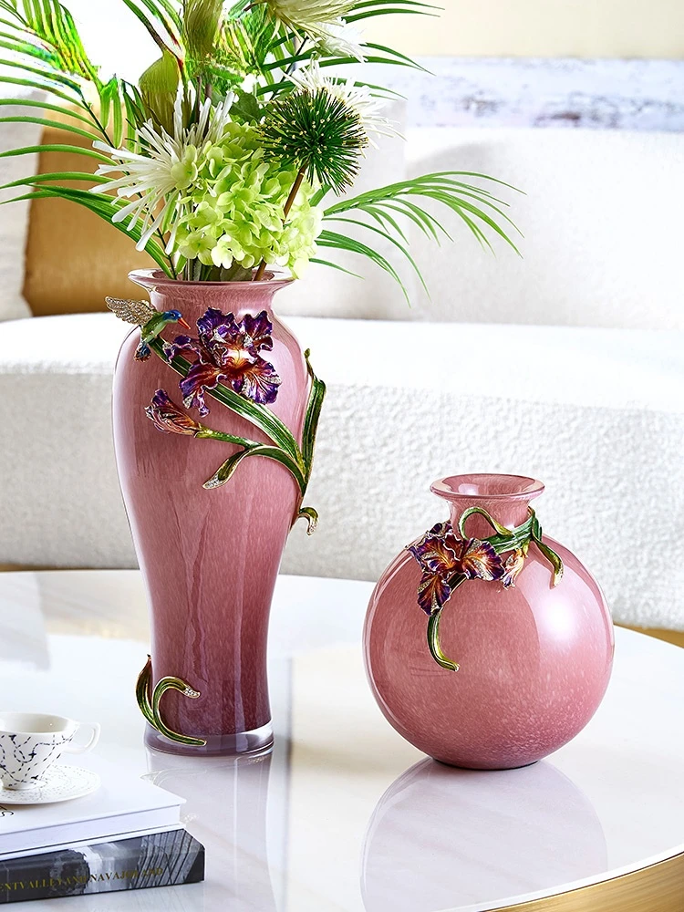 Creative Pink Glass Flower Vase Enamel Art Home TV Cabinet Entrance Decoration for Living Room Foyer Luxury New Chinese Style