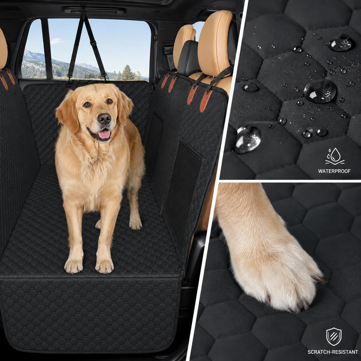 Premium Car Back Seat Pet Cover, Waterproof Dog Hammock with Storage Pockets, Scratch-Resistant Pet Protector for SUV, Rear Seat
