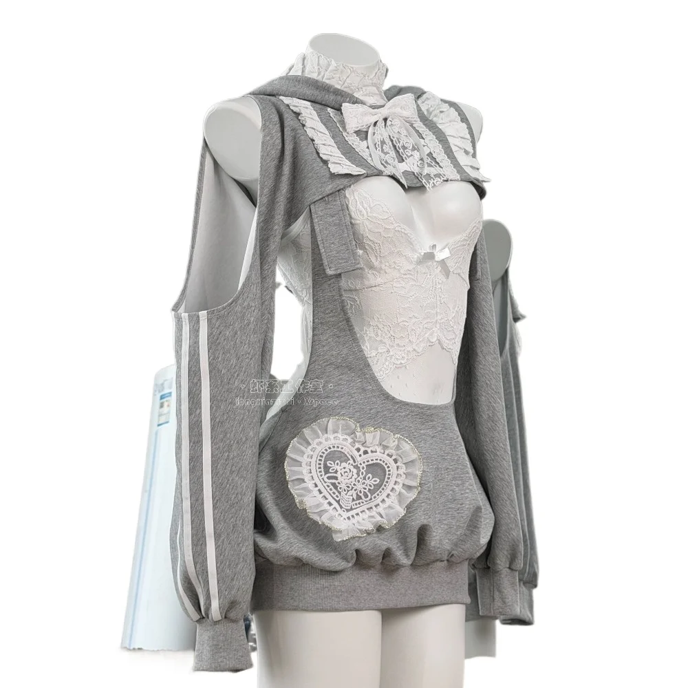 Original Gray Rabbit Sportswear Cosplay Set - Cute Japanese Lace Gymnastics Bodysuit with Detachable Hoodie Anime Jumpsuit