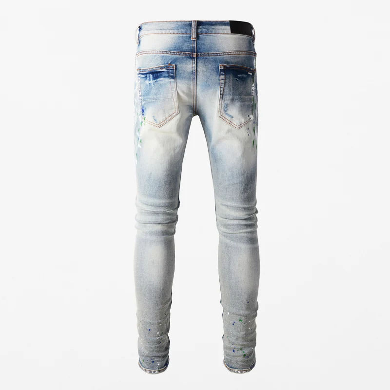 Jeans de Styliste Rétro Bleu Clair pour Homme, viser de Marque Hip Hop, artificiel astique, Serré, Fendu, Peint, Patchwork, à la Mode