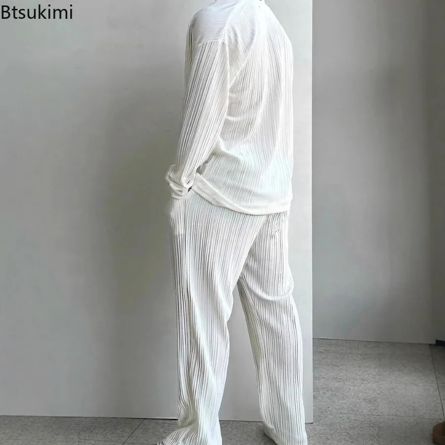 Fashion Long Sleeve Shirts Men's Two Piece Sets Solid Sexy Deep V Cardigan Trousers Outfit Casual Streetwear 2025 Men's Clothing