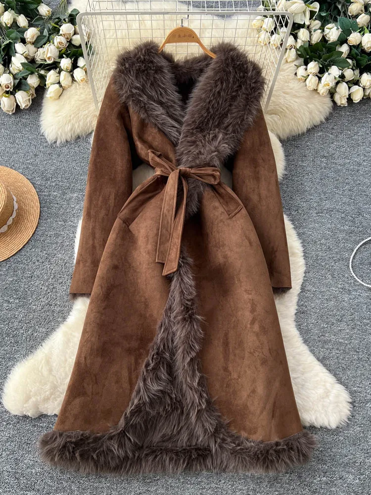 

Korean Sle Lamb Fur Collar Mid-Length Coat Women's Faionable Versatile Belted Outerwear Thiened Long Sve Color