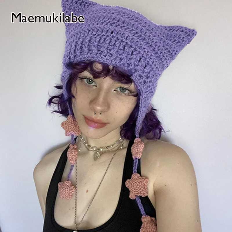 Maemukilabe Vintage Crochet Cat Ear Flap Hat 2000s Retro Aesthetics Grunge Beanies Autumn Winter Women Y2K Kawaii Knitted Hats