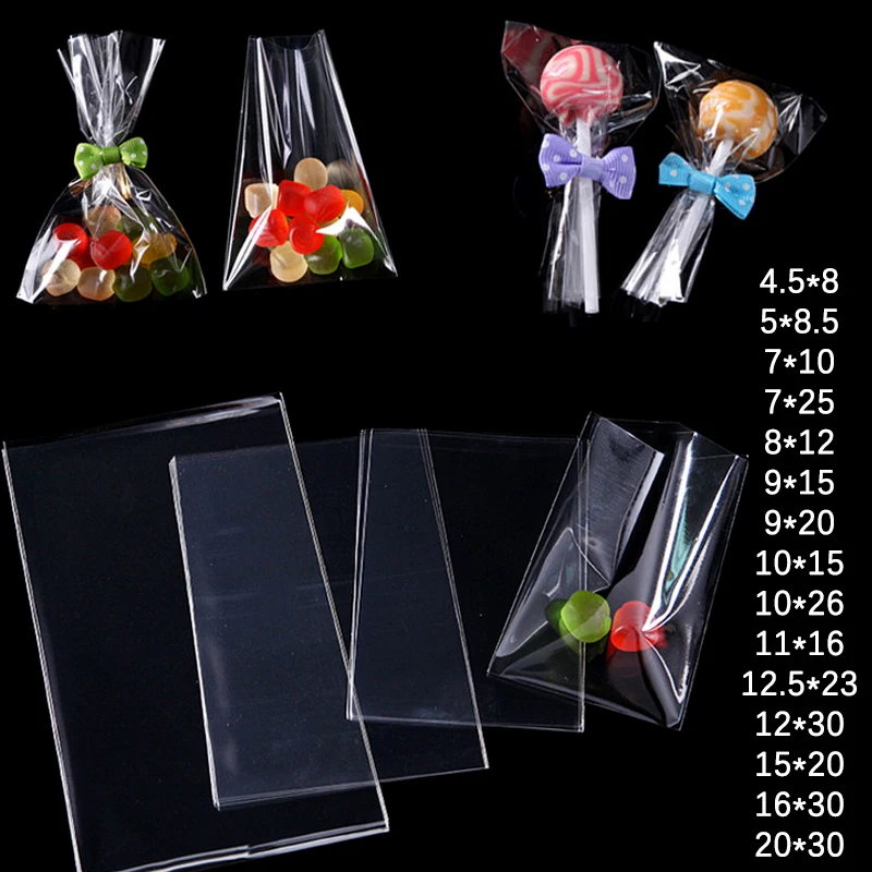 100pcs Transparent Flat Open Top Candy Bag OPP Plastic Bag Lollipop Packing Cookies Packaging Wedding Party Small Gift Bags