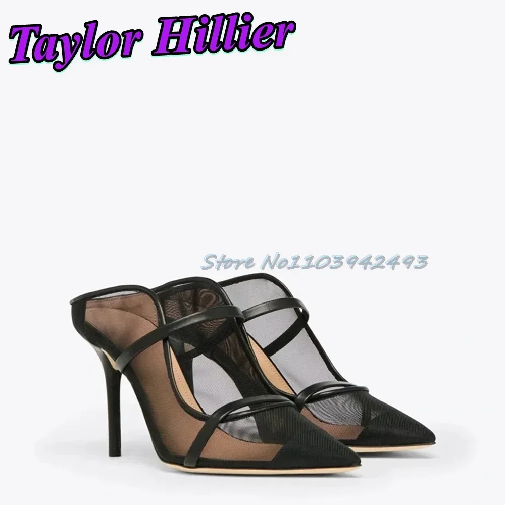 

Black Strappy Mesh Heeled Sandals Pointed Toe Pull On Mules Shoes Shallow Solid High Heels Red Women Luxury Designer Slippes