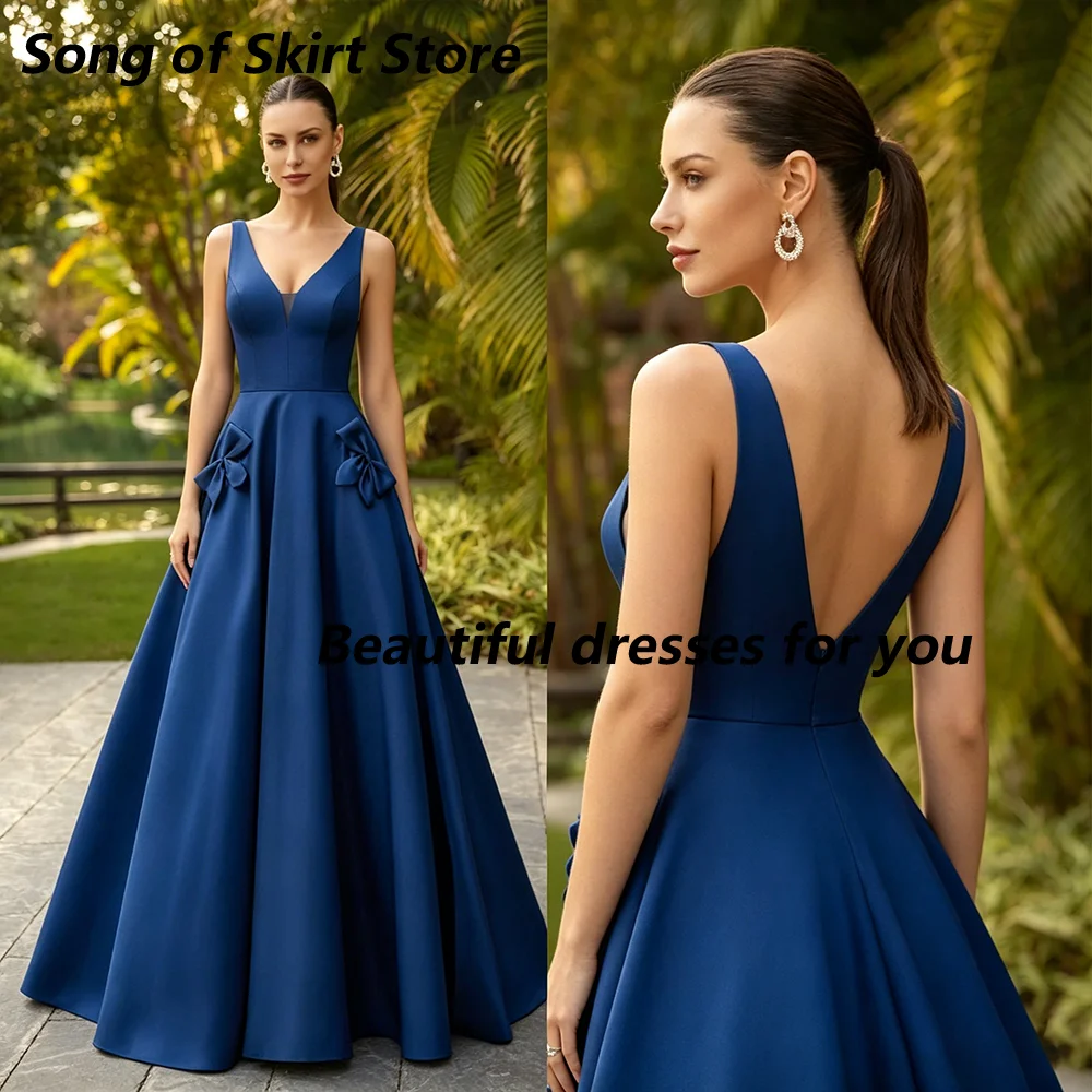 Elegant Blue Mother of Bride Dresses Customized V-Neck Sleeveless Pleat Bow Satin A Line Evening Gown for Wedding Guest Gown