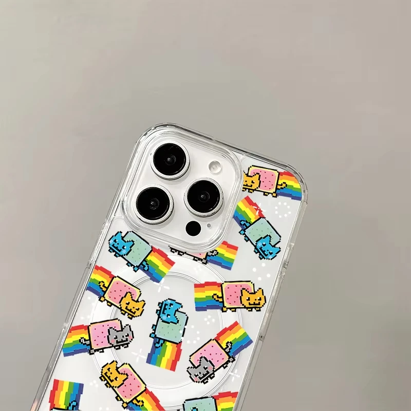 Kawaii قوس قزح القط Magsafe حافظة هاتف مغناطيسية آيفون 17 الهواء 16e 16 برو ماكس 15 14 زائد 13 12 Mini 11 غطاء خلفي شفاف