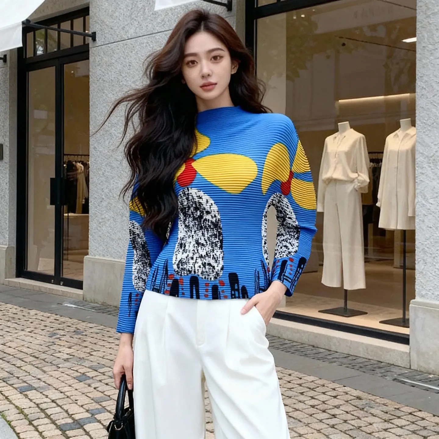 

Miyake, новая весенняя легкая плиссированная женская футболка с длинными рукавами, шикарный повседневный эластичный тонкий пуловер с высоким воротом, топы