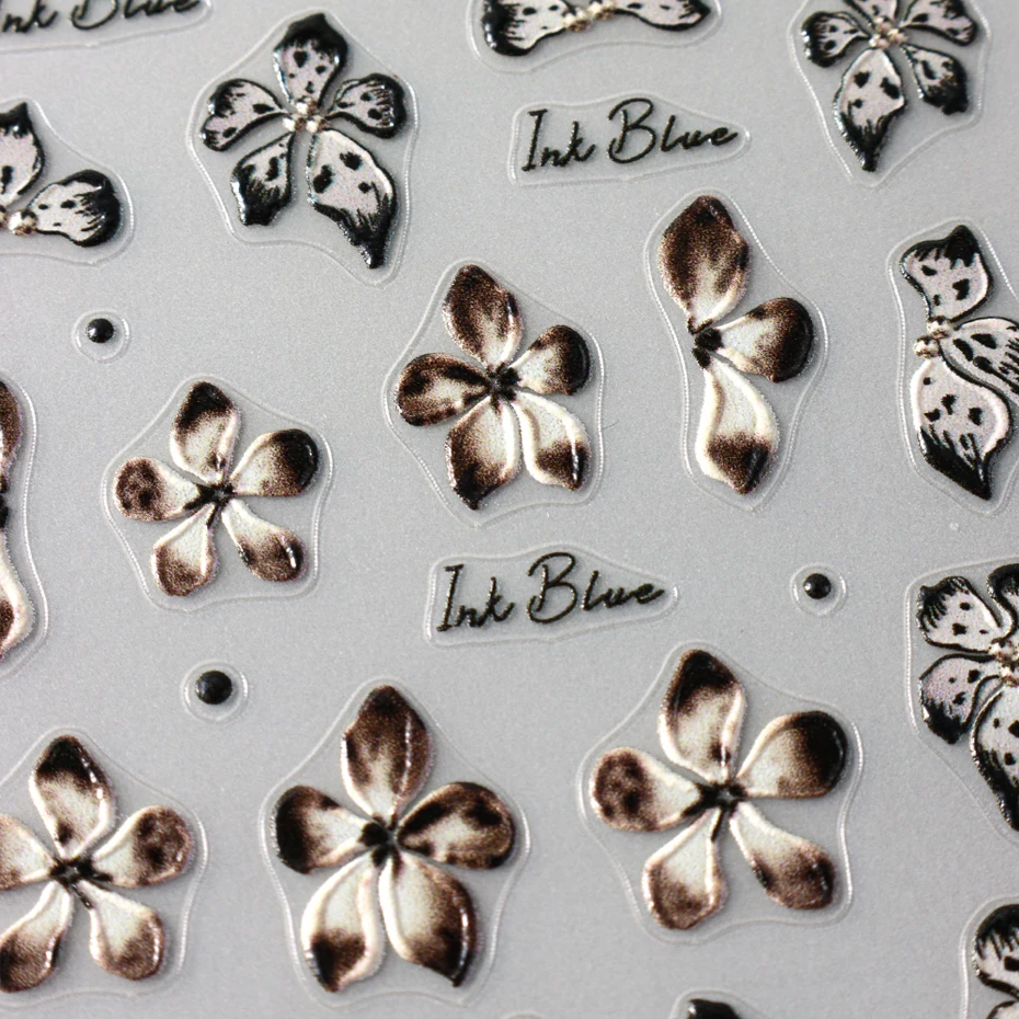2pcs 검은 갈색 꽃 3D 네일 아트 스티커 데칼 표범 난초 꽃잎 피는 꽃 잎 열 대 네일 장식 슬라이더
