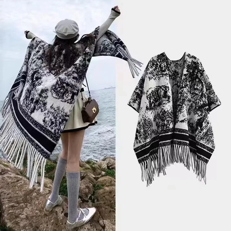 Ethnic style imitation cashmere shawl for women's outdoor wear travel attire geometric tassel cloak, air-conditioned room cloak