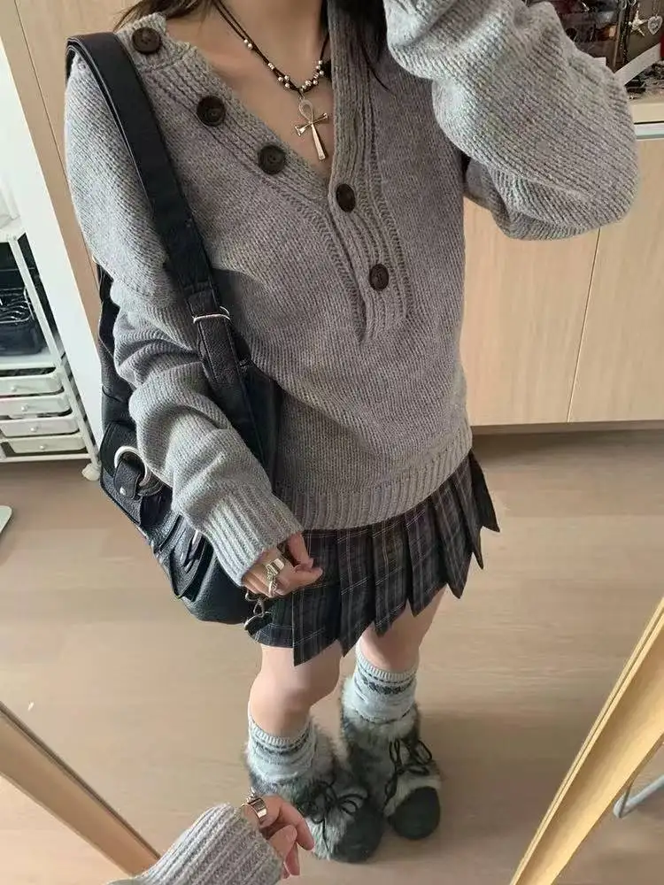 

2025 Autumn Winter New Knitted Pullover Fashion Slim Fit Long Sleeve Top for Women Y2k Gray Long Sleeve Sweaters Mujer