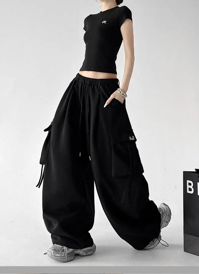 American Hip-hop Cargo Tooling Sweatpants Big Pocket Streamer Wide Leg Pants Women Baggy Pants