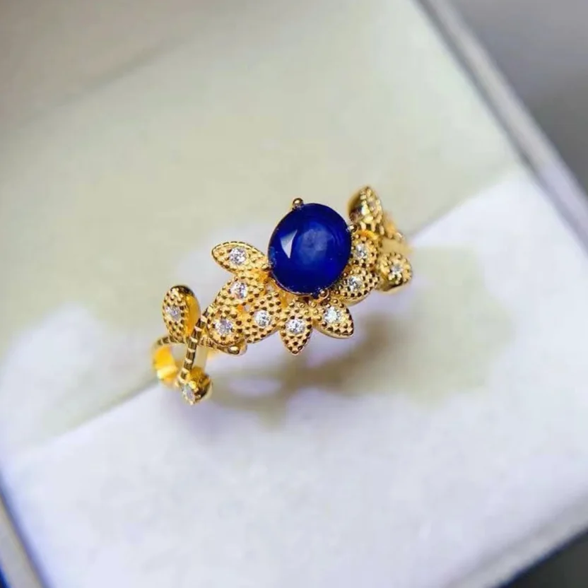 

18K Gold Plated Natural Sapphire Silver Ring 5mm*6mm 0.6ct Blue Sapphire Ring for Engagement 925 Silver Jewelry for Party